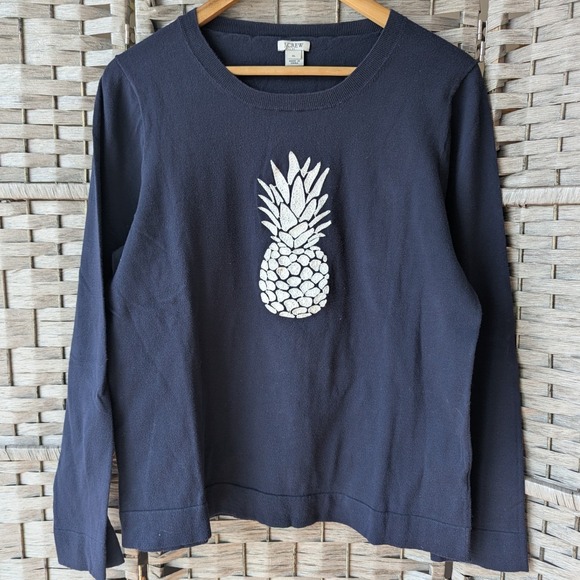 J. Crew Sweaters - J.Crew Navy Blue Cotton Pineapple Graphic Crewneck Sweater Sz XL Long Sleeve